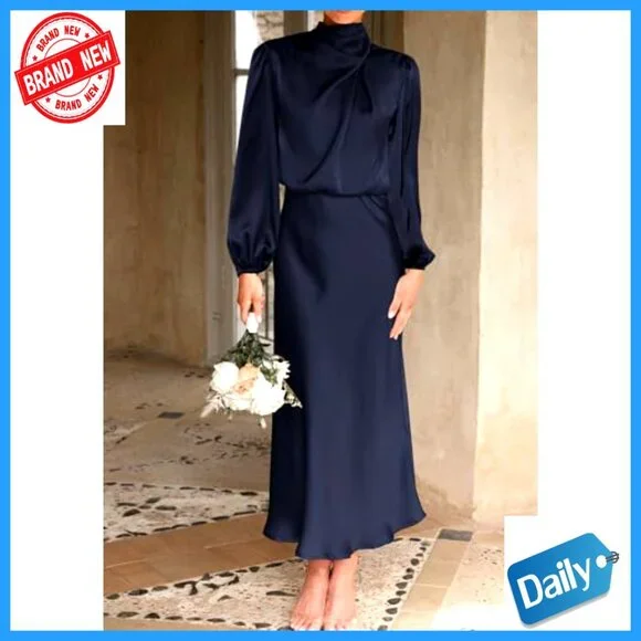 Satin Mock Neck Maxi Dress Elegant Formal Wedding Party Cocktail Wear